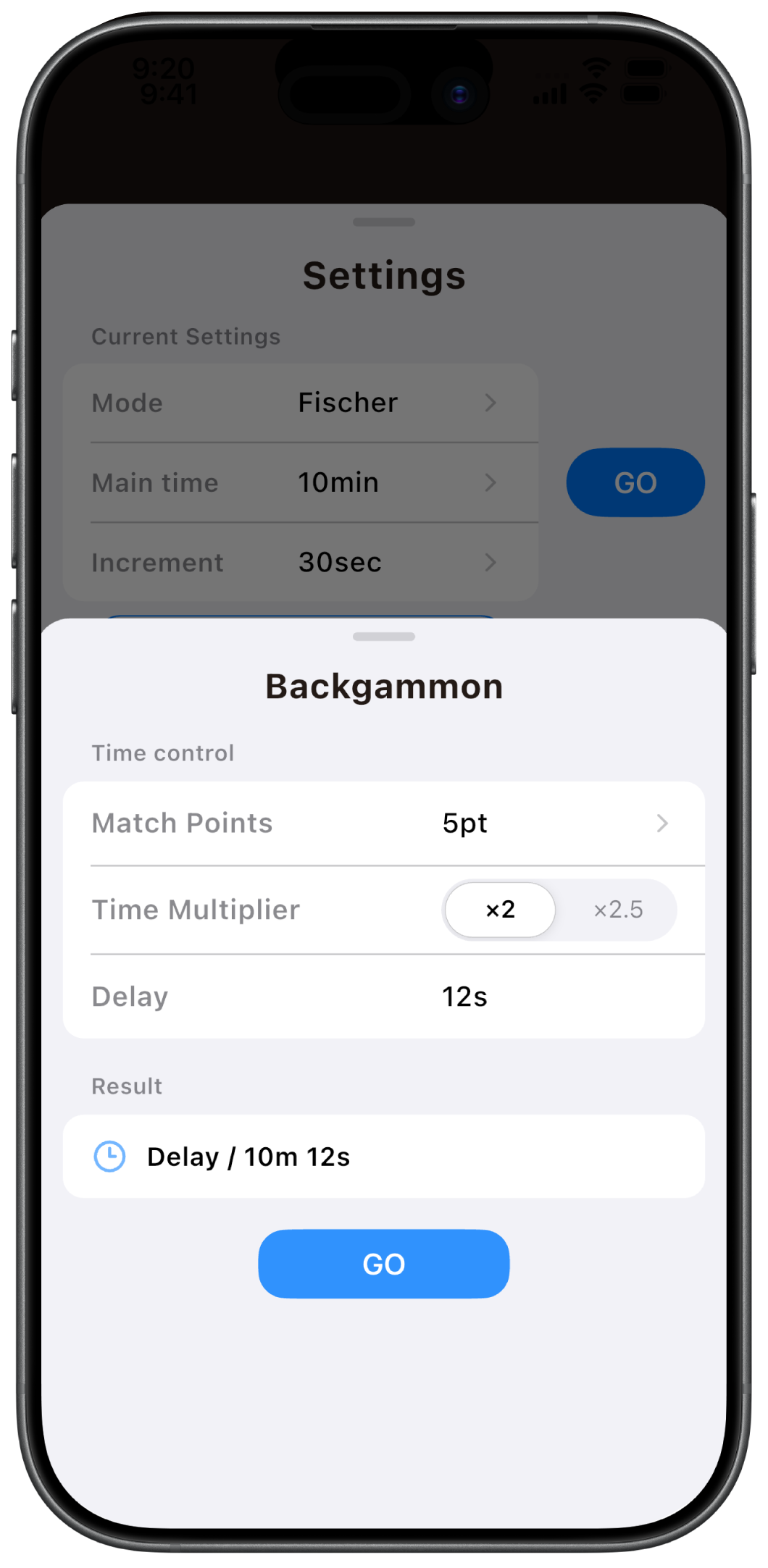 Backgammon preset settings screen