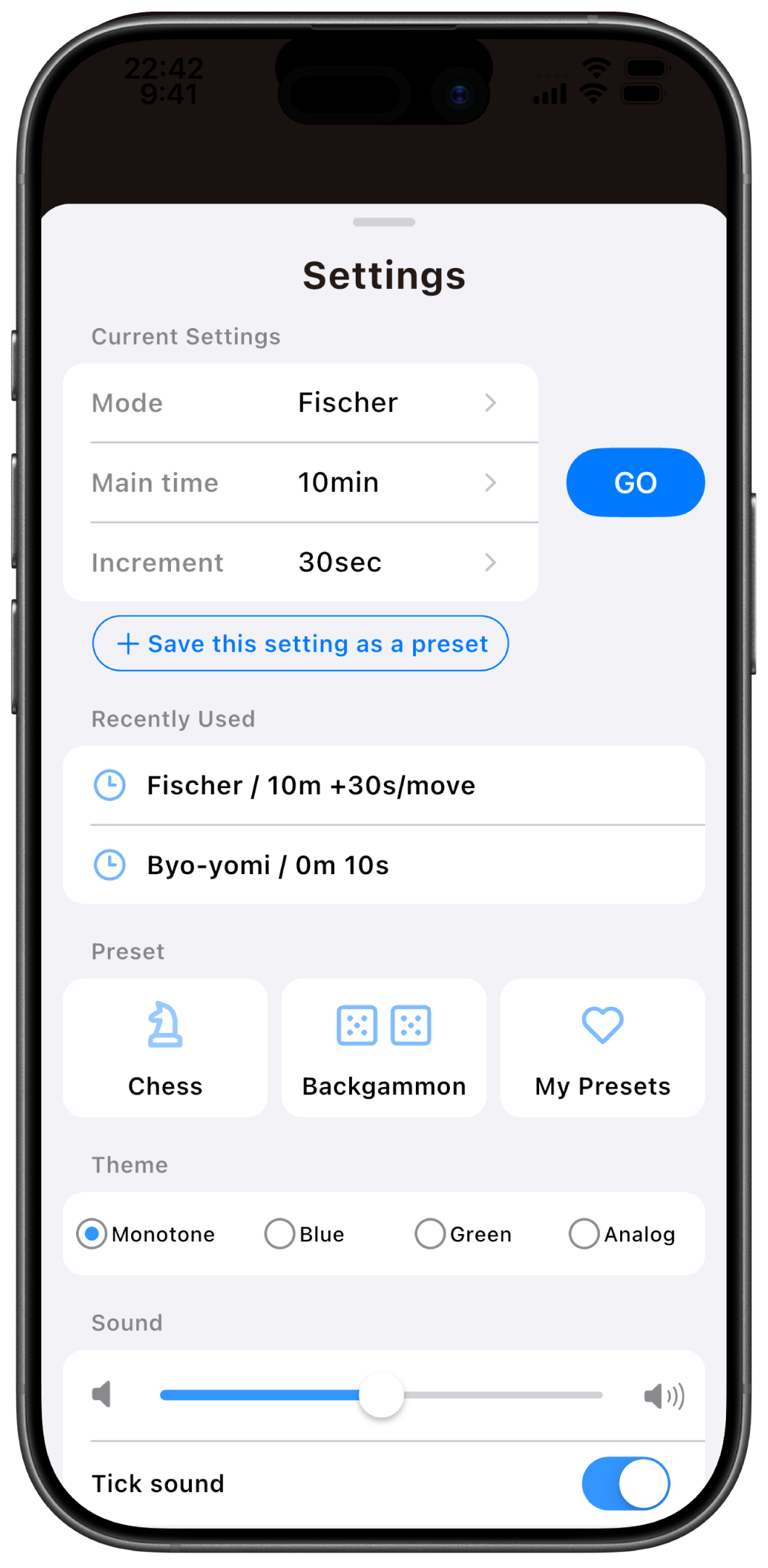 Teban settings screen